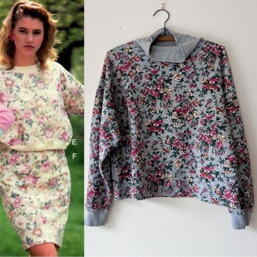 Vintage 80s/90s floral cropped‎ mock neck gray sweatshirt M